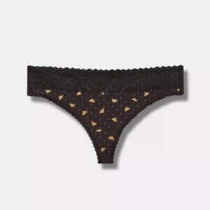 Torrid - Cotton Mid-Rise Thong Lace Trim Panty in Busy Bee Rich Black​​​​​